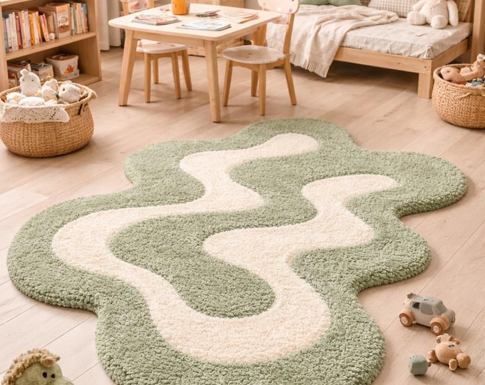 Organic shape kids rug, hand tufted nursery rug, modern wavy kids room carpet, soft neutral playroom rug, scandinavian kids decor