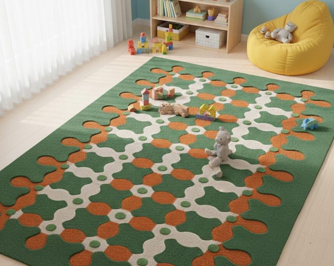 Green Organic Rug, Modern Abstract Hand Tufted Wool Area Rug, Scandinavian Minimal Living Room Carpet, Custom Designer Rug