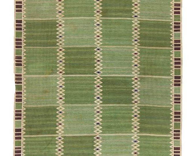 Vintage Green Wool Kilim Rug | Handwoven Scandinavian Geometric Flat Weave