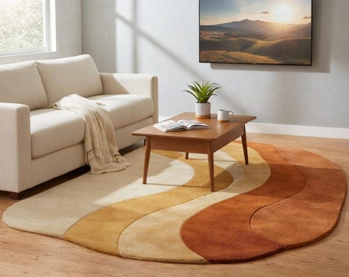 Brown Organic Shape Rug. Area Carpet. Tufted Rug, Handmade Modern Area Rug, Wavy Designer for Large Living Room Rugs.