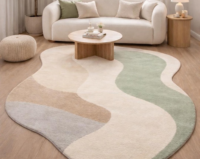Modern Abstract Area Rug, Irregular Handmade Rug, Organic Wool Rug, Minimal Scandinavian Living Room Carpet, Hand Tufted Rug