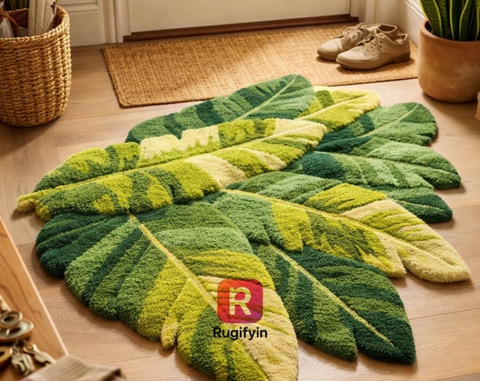 Large Monstera Leaf Rug, 3D Green Tropical Area Rug, Hand Tufted Wool Carpet for Bedroom, Botanical Shape Rug, Premium New Zealand Wool