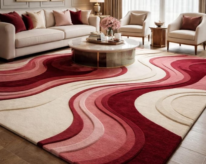 Modern Abstract Organic Shape Tufted Rug, Handmade Modern Area Rug, Red Pink Wavy Designer Carpet for Living Room
