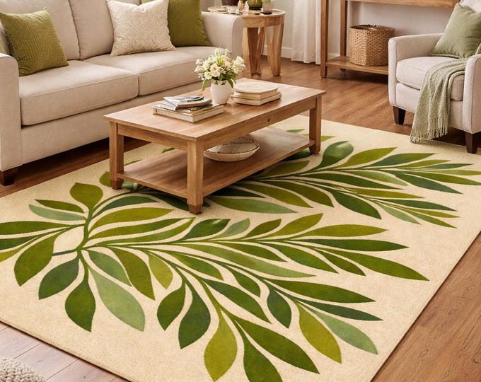 Hand Tufted Wool Rug: Green Leaf Design, Modern Nature Carpet