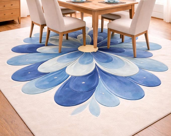 Blue Floral Hand Tufted Rug- Modern Flower Rug, Soft Wool Area Rug For living Room Rug,Bedroom Decor Rug (Made to Order)