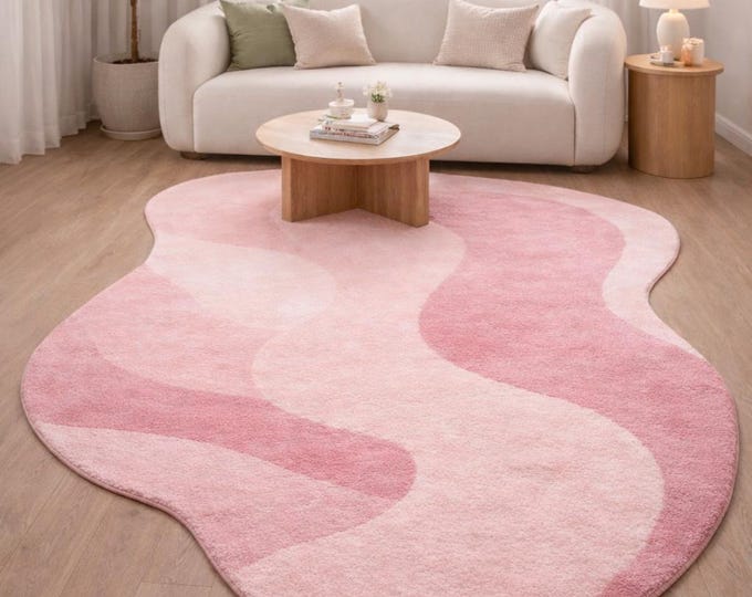 Pink Abstract Hand Tufted Rug, modern wavy kids room carpet, soft neutral playroom rug, Contemporary,kids decor Carpet