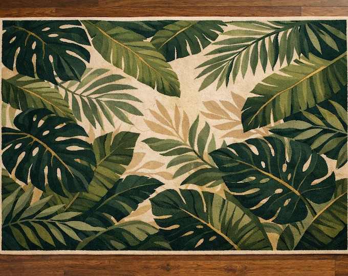 Hand Tufted Wool Rug: Green Leaf Design, Modern Nature Carpet
