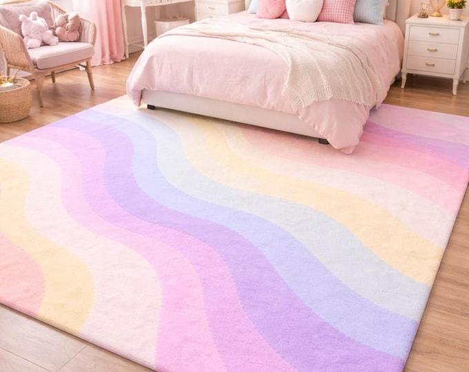 Modern Abstract Organic Shape Tufted Rug, Handmade Modern Area Rug, Rainbow carpet Wavy Designer Carpet for Living Room