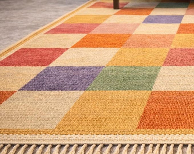 Handwoven Kilim Rug 8x10 ft | Multicolor Checkered Flatweave