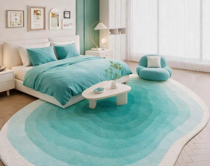 Abstract Organic Shape Tufted Rug, Handmade Modern Area Rug, Blue Wavy Designer Carpet for Living Room rugs