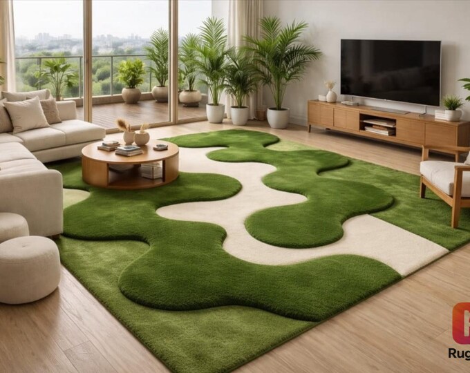 Moss rug biophilic Design,organic modernism Tufted Rug, Handmade Modern Area Rug, Wavy Designer Carpet for Living Room,Rugs