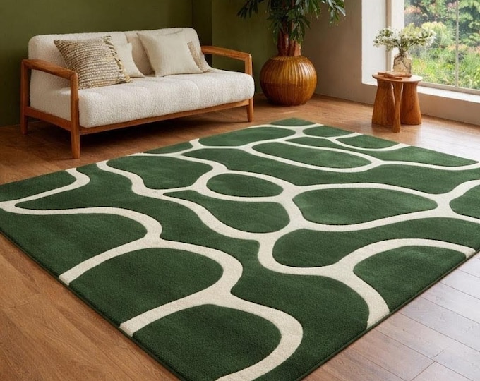 Green Brings Natural Vibe Indoors, Modern Abstract Hand Tufted Wool Area Rug, Scandinavian Minimal Living Room Carpet, Custom Designer Rug