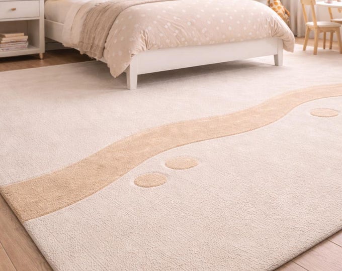Hand Tufted Kids Rug – Beige Sand Wave Design, Soft Carpet