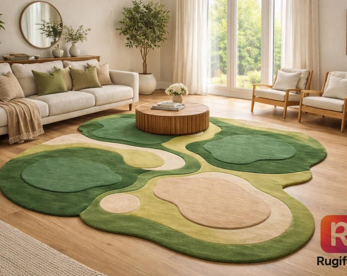 Modern Abstract Green Hand Tufted Rug – Soft Wool Designer Carpet for Living Room & Bedroom