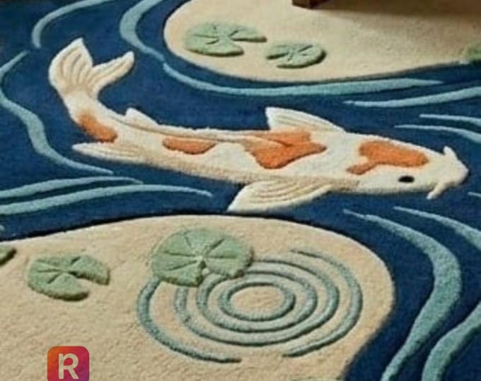 Handmade Koi Fish River Rug, 3D Tufted Wool Pond Carpet, Large Artistic Animal Shape, Blue Teal Flowing Area Rug, Premium New Zealand Wool