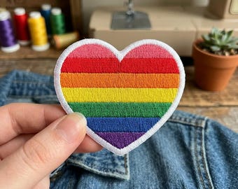 Rainbow Heart Iron On Patch | Pride Month LGBTQ Embroidered Love Badge Retro Jacket Bag