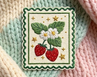 Strawberry Travel Stamp Patch, Vintage Botanical Iron On Patch, Retro Berry Badge, Cottagecore Garden Jacket Decor, Gift
