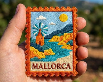 Mallorca Travel Stamp Patch, Vintage Spain Iron On Patch, Retro Mediterranean Badge, Windmill Ocean Jacket Decor, Gift