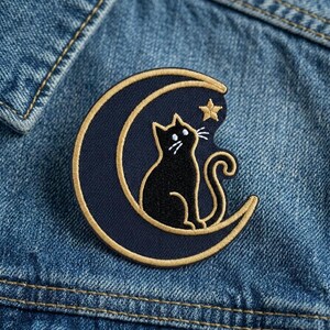 Black Cat Moon Iron On Patch | Celestial Crescent Star Embroidered Badge Cute Jacket Bag