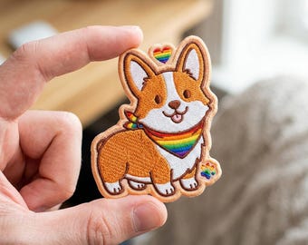 LGBTQ Pride Corgi Iron On Patch | Rainbow Bandana Heart Embroidered Cute Puppy Dog Badge