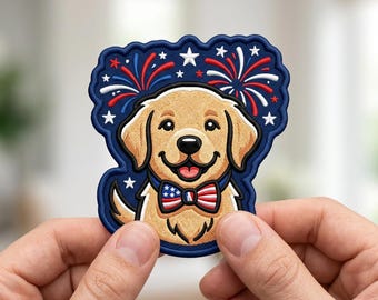 Patriotic Golden Retriever Patch | 4th of July Dog Bow Tie Embroidered Firework Cute Badge