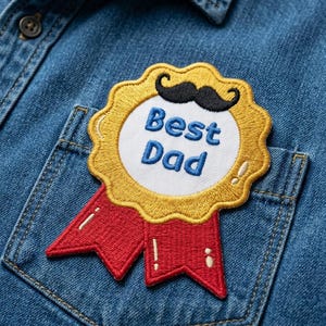May include: Embroidered patch with the words "Best Dad" in blue on a white background, surrounded by a gold scalloped border and a black mustache. Red ribbons are attached below. The patch is sewn onto a blue denim shirt.
