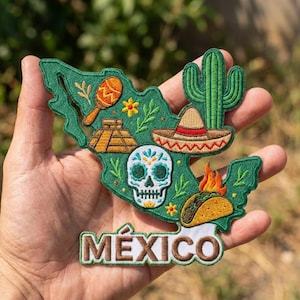 Mexico Map Patch, Vintage Sugar Skull Iron On Patch, Retro Taco Sombrero Badge, Mexican Travel Souvenir Jacket Decor