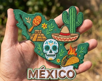 Mexico Map Patch, Vintage Sugar Skull Iron On Patch, Retro Taco Sombrero Badge, Mexican Travel Souvenir Jacket Decor