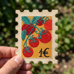 May include: A rectangular embroidered patch shaped like a postage stamp with a cream-colored border. The design features a cluster of red tomatoes on a green vine against a yellow background, with the black text 1€ printed in the corner.