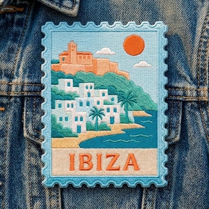 Ibiza Travel Stamp Patch, Vintage Spain Iron On Patch, Retro Balearic Island Badge, Mediterranean Summer Jacket Decor