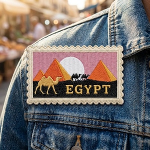 Egypt Travel Stamp Patch, Vintage Egyptian Iron On Patch, Retro Pyramid Camel Badge, Desert Wonder Jacket Decor, Gift