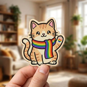 May include: An embroidered patch featuring a light orange tabby cat with dark orange stripes. The cat wears a vibrant rainbow-striped scarf around its neck and has a small rainbow heart symbol on its raised paw, all outlined in a thick black border.