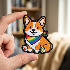 May include: An embroidered patch featuring a tan and white Corgi dog sitting down. The dog wears a rainbow-striped bandana around its neck and has small rainbow-colored heart-shaped paw prints on its front feet, all outlined in black thread.