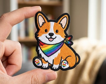 LGBTQ Pride Corgi Iron On Patch | Rainbow Bandana Paw Heart Embroidered Cute Puppy Badge