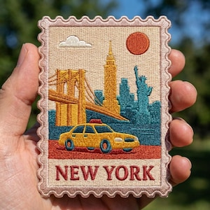 New York Travel Stamp Patch, Vintage NYC Iron On Patch, Retro Yellow Cab Badge, Brooklyn Bridge Jacket Decor, NY Gift