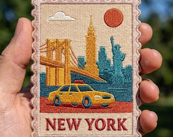 New York Travel Stamp Patch, Vintage NYC Iron On Patch, Retro Yellow Cab Badge, Brooklyn Bridge Jacket Decor, NY Gift
