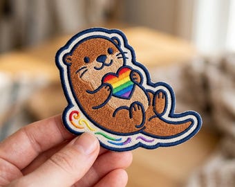 LGBTQ Pride Otter Iron On Patch | Rainbow Heart Cute Marine Animal Embroidered Badge Gift