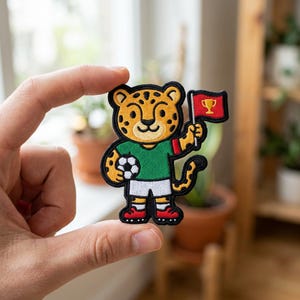May include: An embroidered patch featuring a cartoon leopard wearing a green jersey and white shorts, holding a black and white soccer ball under one arm and a red flag with a yellow trophy icon in the other hand, finished with red shoes.
