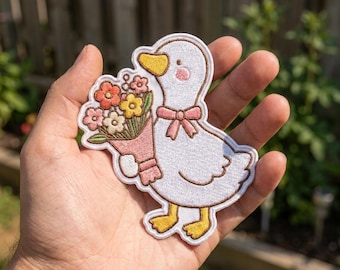 Cute Duck Patch, White Duck Iron On Patch, Flower Bouquet Badge, Kawaii Animal Decor, Cottagecore Jacket Decor, Gift