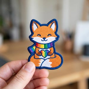 May include: An embroidered patch featuring a cartoon fox with orange and white fur, wearing a rainbow-striped scarf and holding a rainbow-colored heart. The design is outlined in a dark blue border, creating a distinct shape of a seated fox.