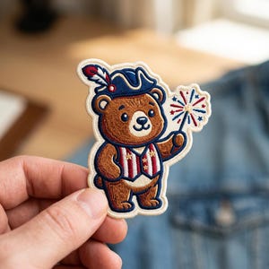 May include: An embroidered patch featuring a brown bear wearing a blue tricorn hat with a feather and a red, white, and blue striped vest with stars. The bear holds a firework sparkler in one paw, rendered in red, white, and blue thread.