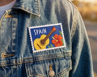 Spain Travel Stamp Patch, Vintage Spanish Iron On Patch, Retro Flamenco Guitar Badge, Hibiscus Flower Jacket Decor, Gift
