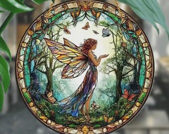 Enchanting Woodland Fairy Garden Suncatcher Stained Glass Effect Decor Gift