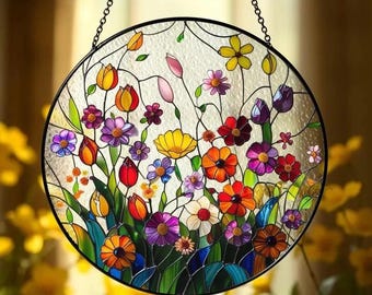 Wildflowers Stained Glass Suncatcher, Handmade Botanical Window Decor