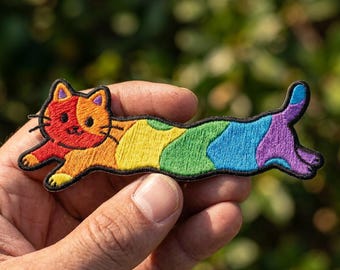 Rainbow Cat Patch, Funny Pride Iron On Patch, Retro Long Cat Badge, LGBTQ Cute Animal Souvenir, Gay Pride Jacket Decor