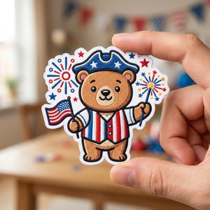 Patriotic Teddy Bear Iron On Patch | 4th of July USA Flag Fireworks Embroidered Cute Badge