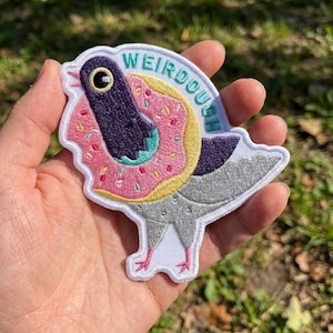 Weirdough Pigeon Patch, Funny Donut Iron On Patch, Cute Quirky Bird Meme Badge, Humorous Pun Jacket Decor, Bird Gift