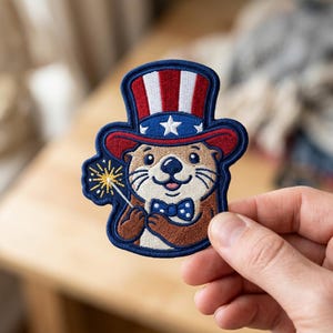 May include: An embroidered patch featuring a brown otter wearing a red, white, and blue striped top hat with a white star. The otter has a blue polka-dot bow tie and is holding a yellow sparkler. The patch has a dark blue stitched border.