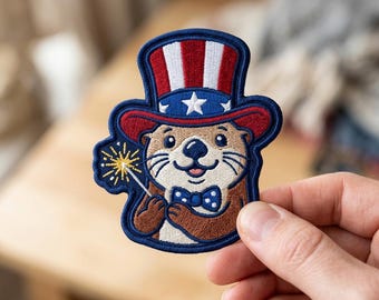 Patriotic Otter Iron On Patch | 4th of July Uncle Sam Hat Embroidered Cute Animal Badge