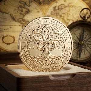 May include: A gold-colored circular coin featuring an embossed tree with an infinity symbol at its center. The text LEGACY AND RESILIENCE is inscribed along the top edge. The coin has a decorative border and is displayed in a wooden box.